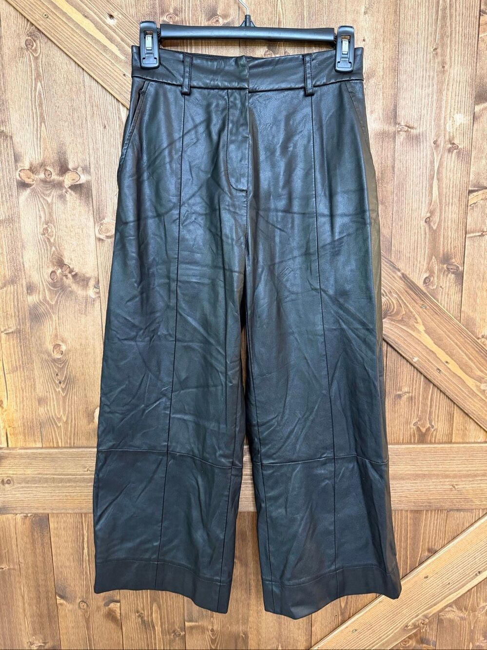 Jason Wu Collective Black Faux Leather Cropped Wide Leg Pants Size 0 (9267)